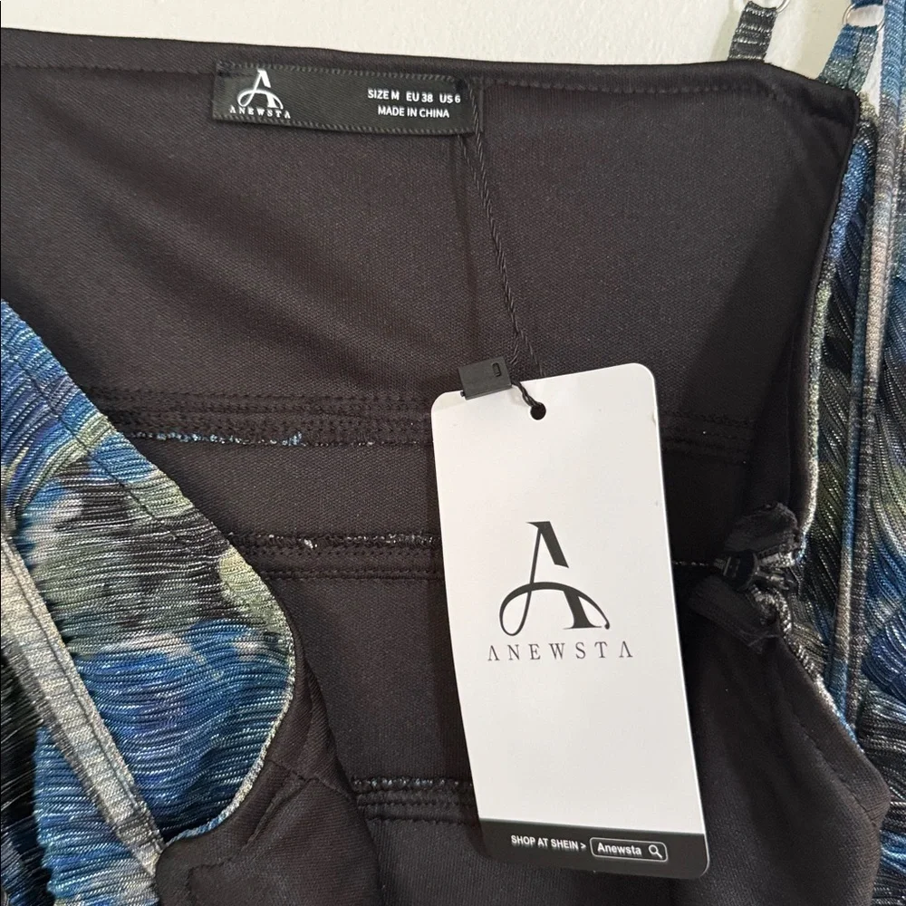 Anewsta Printed Blue Strappy Long Midi Dress With Gathered medium nwt - Picture 4 of 5